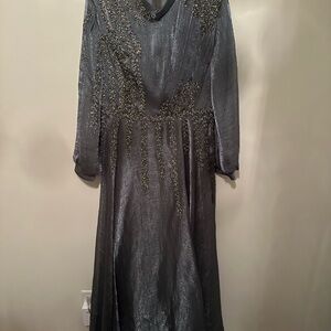 Elegant Beaded Long Sleeve Gray Evening Dress
